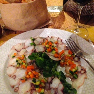 Carpaccio de Pulpo - Octopus carpaccio with courgettes and carrot casse